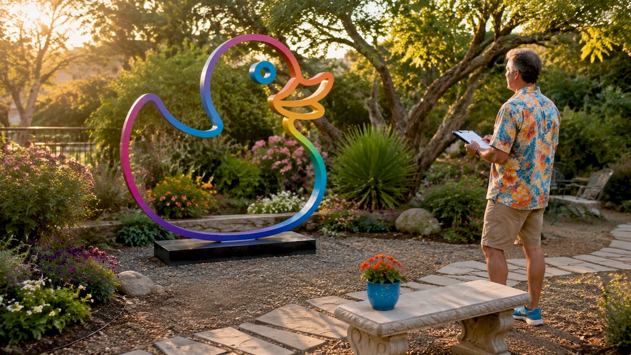 Architect inspecting freestanding garden sculpture