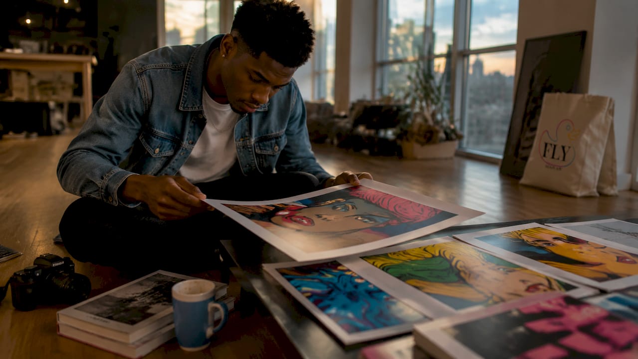 Man reviewing American Pop Art prints at home