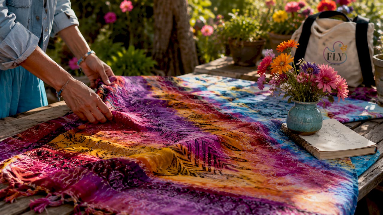 Hands adjusting textile wall art on wooden rod