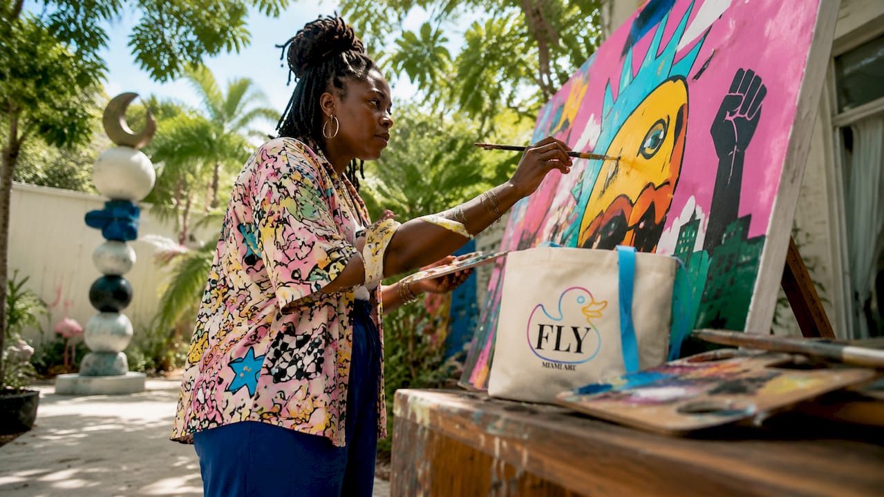 Artist painting politically charged Pop Art at home