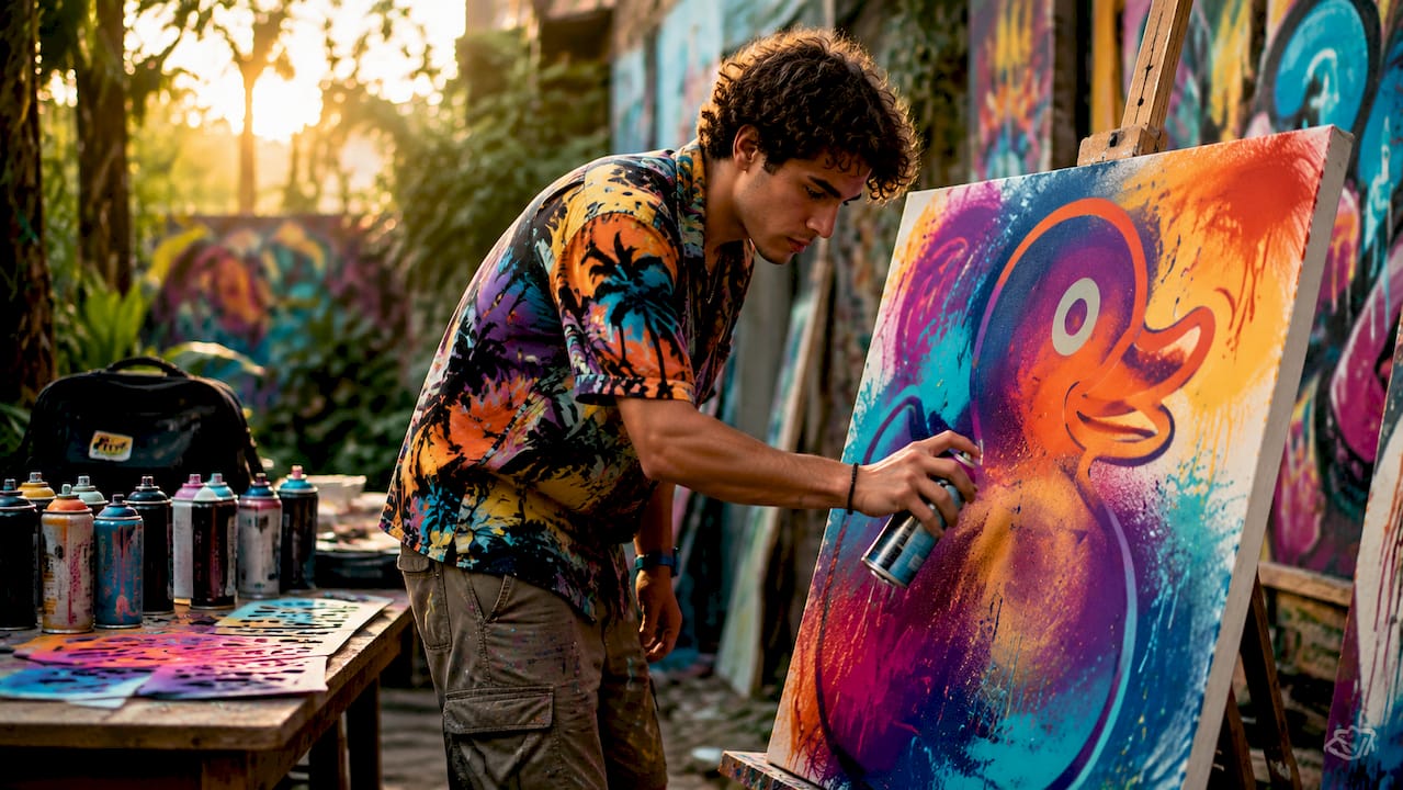 Street artist spray painting graffiti in warehouse studio