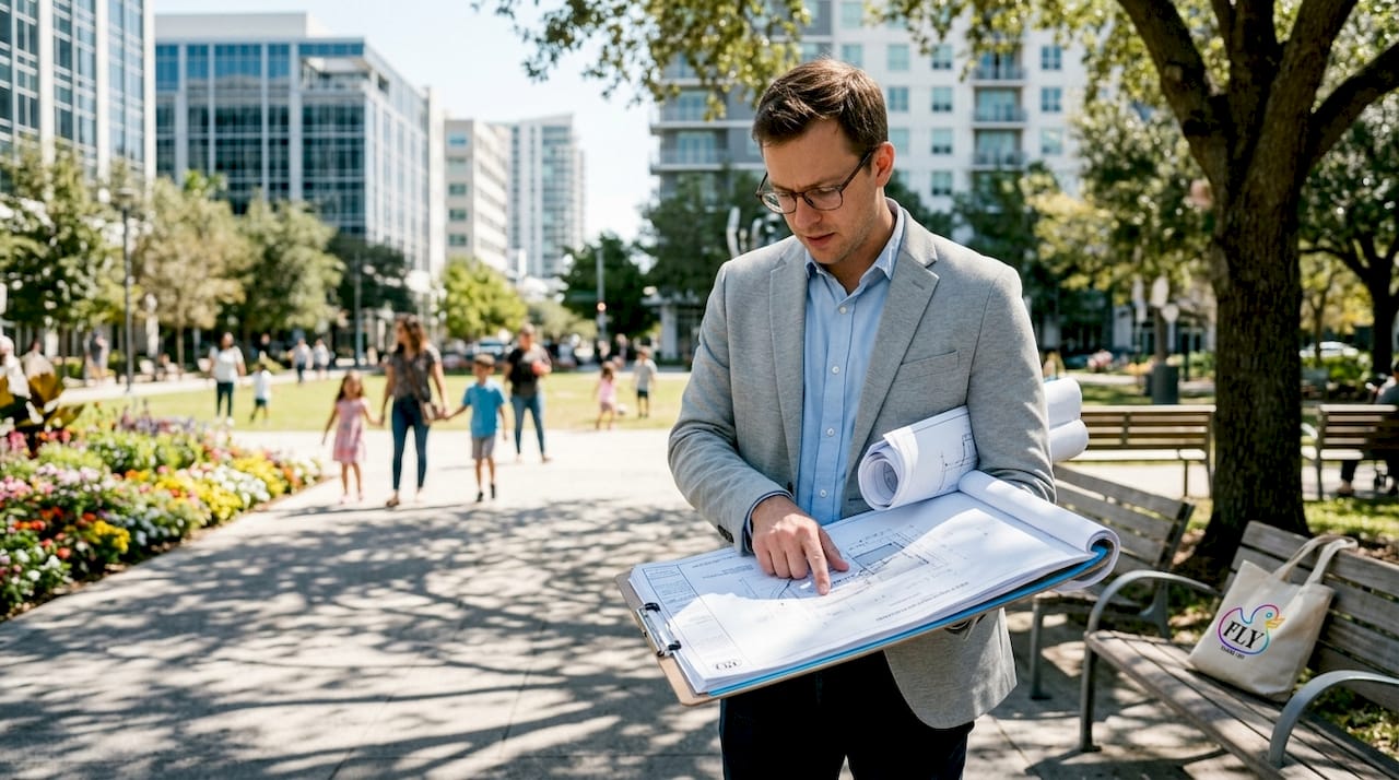 City planner inspecting public sculpture project site