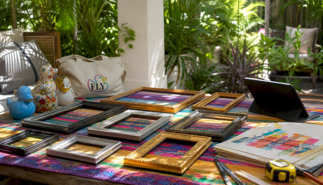 Variety of picture frames laid out for gallery wall selection