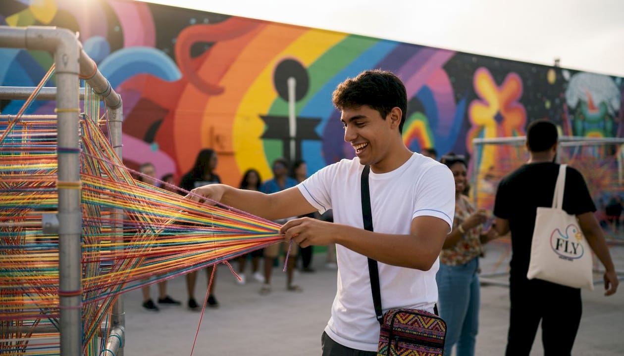 Young man contributing to gallery participatory sculpture