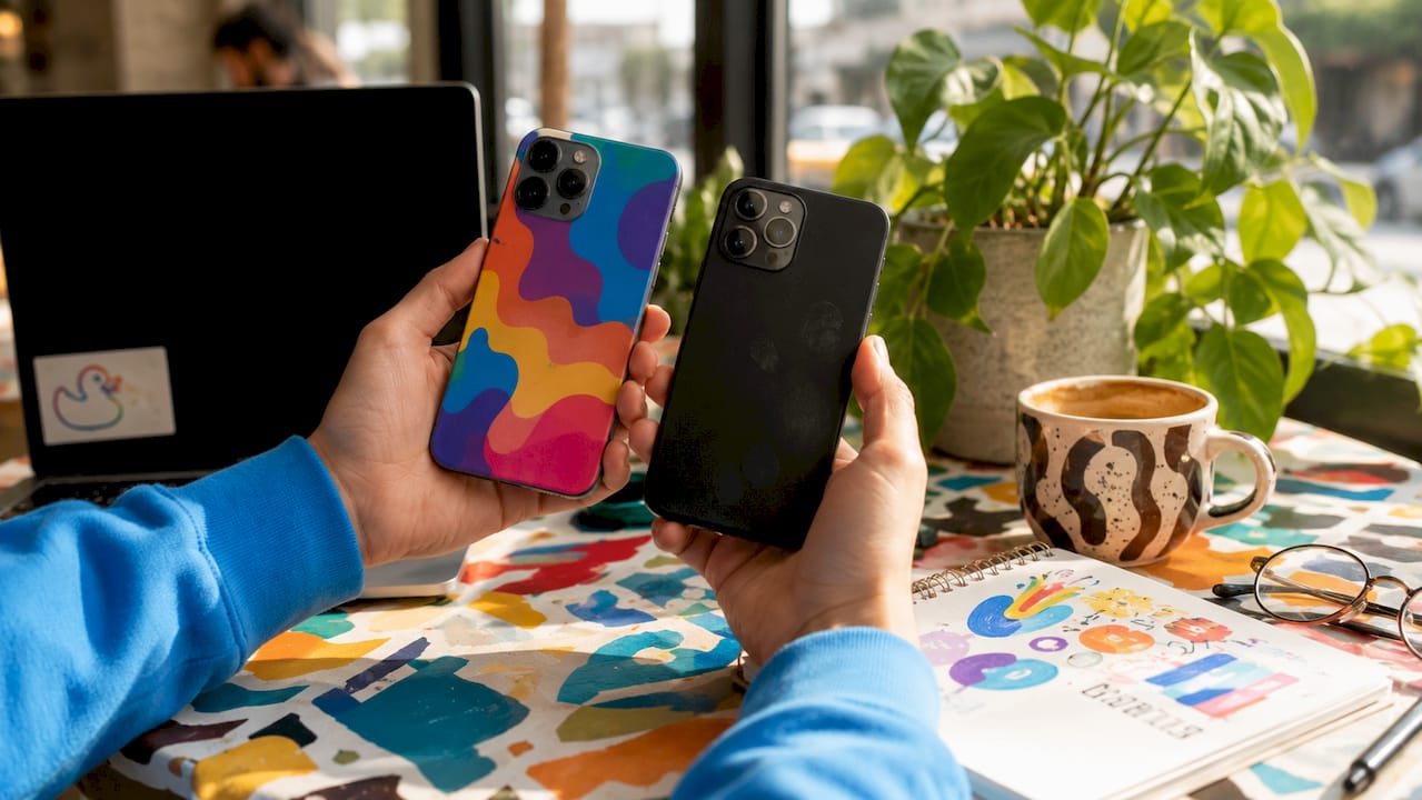 Hands comparing two smartphone skins on table