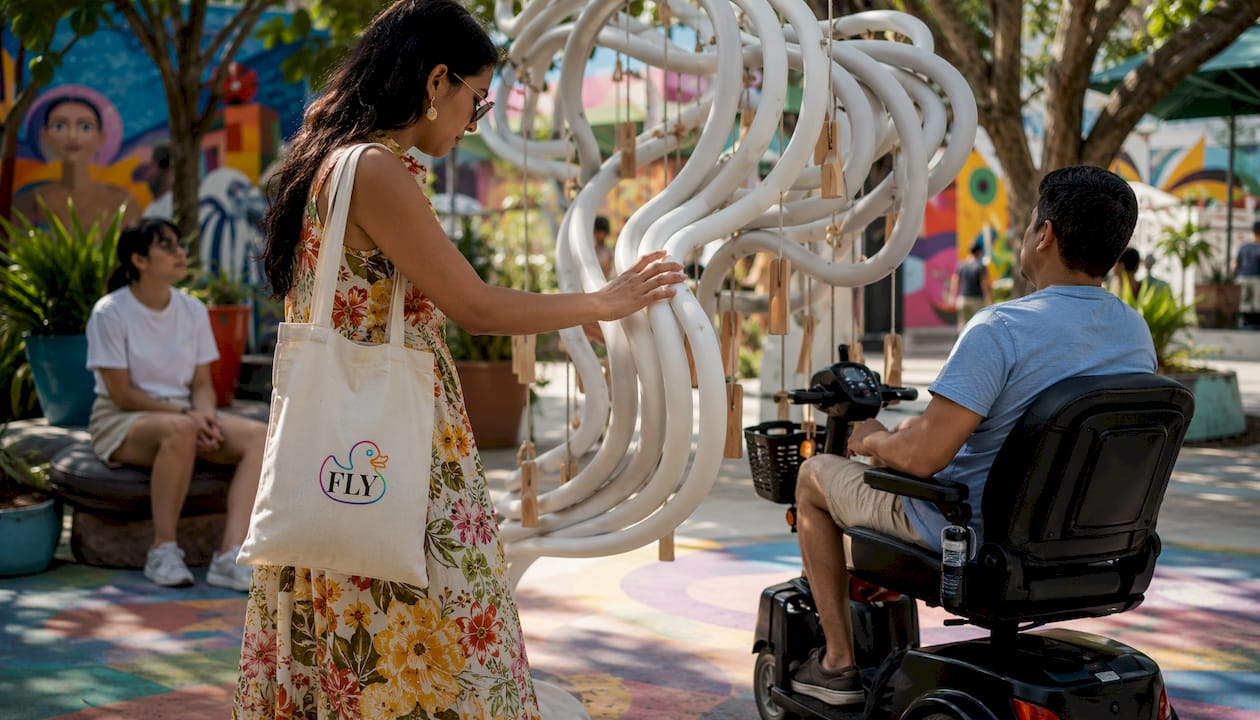 Visitors interacting with immersive sculpture exhibit