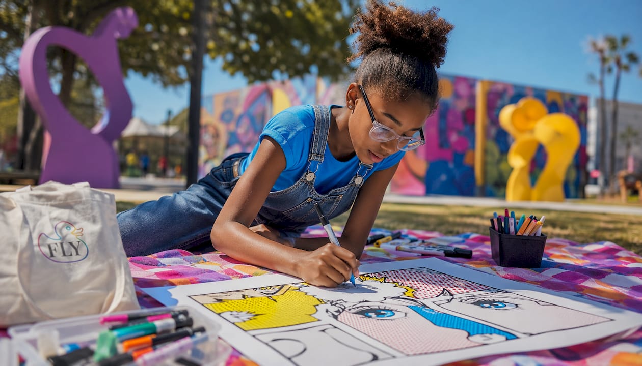 Child drawing pop art comic panel