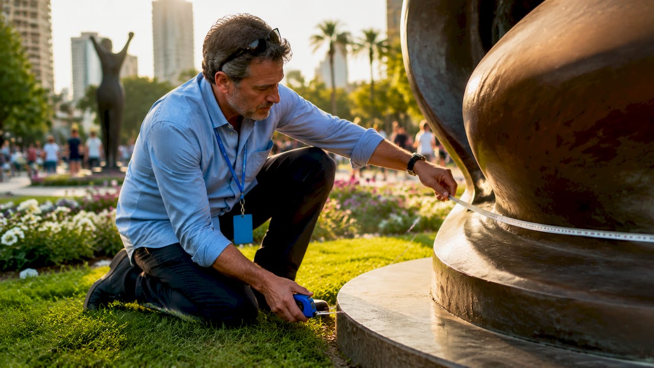 Consultant measuring sculpture clearance outdoors