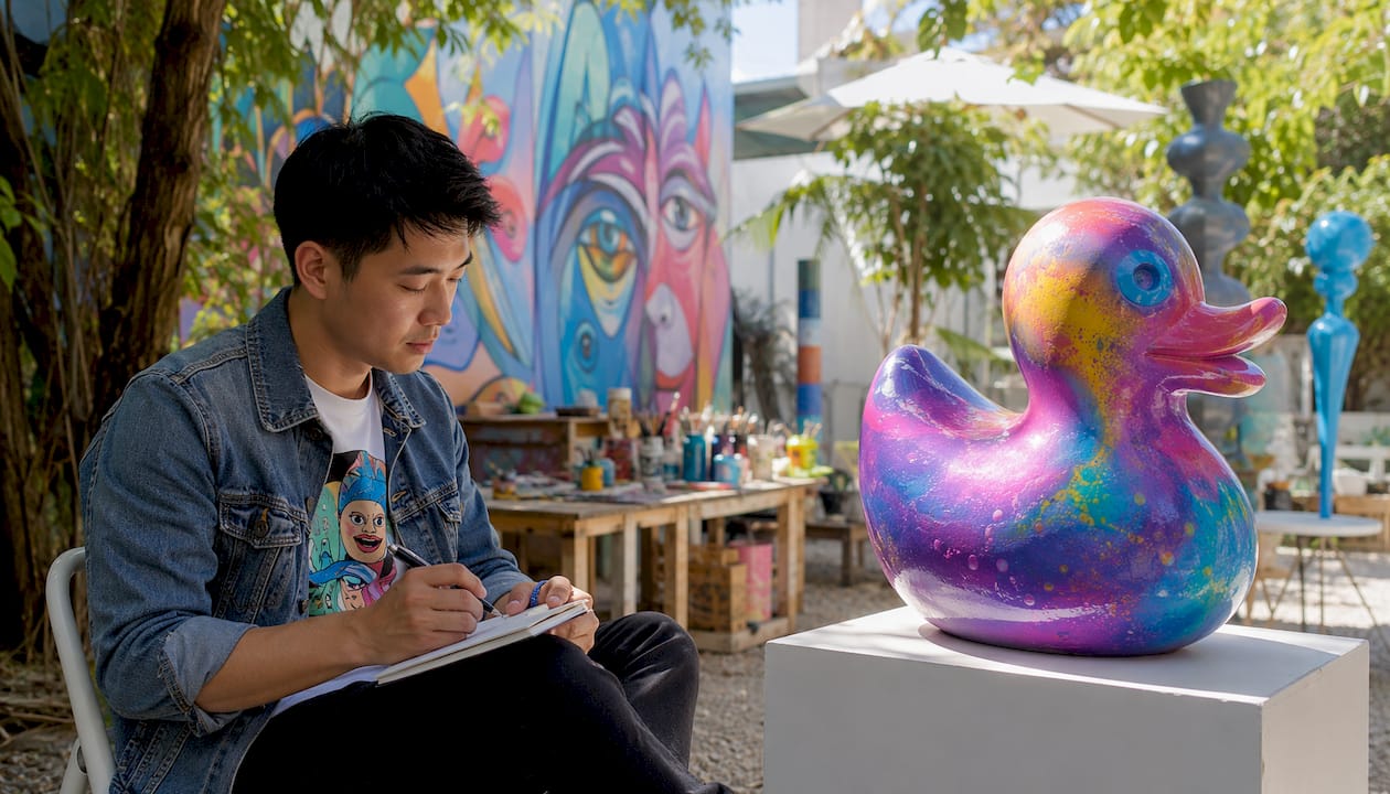 Art critic analyzing UV-reactive Pop Art sculpture