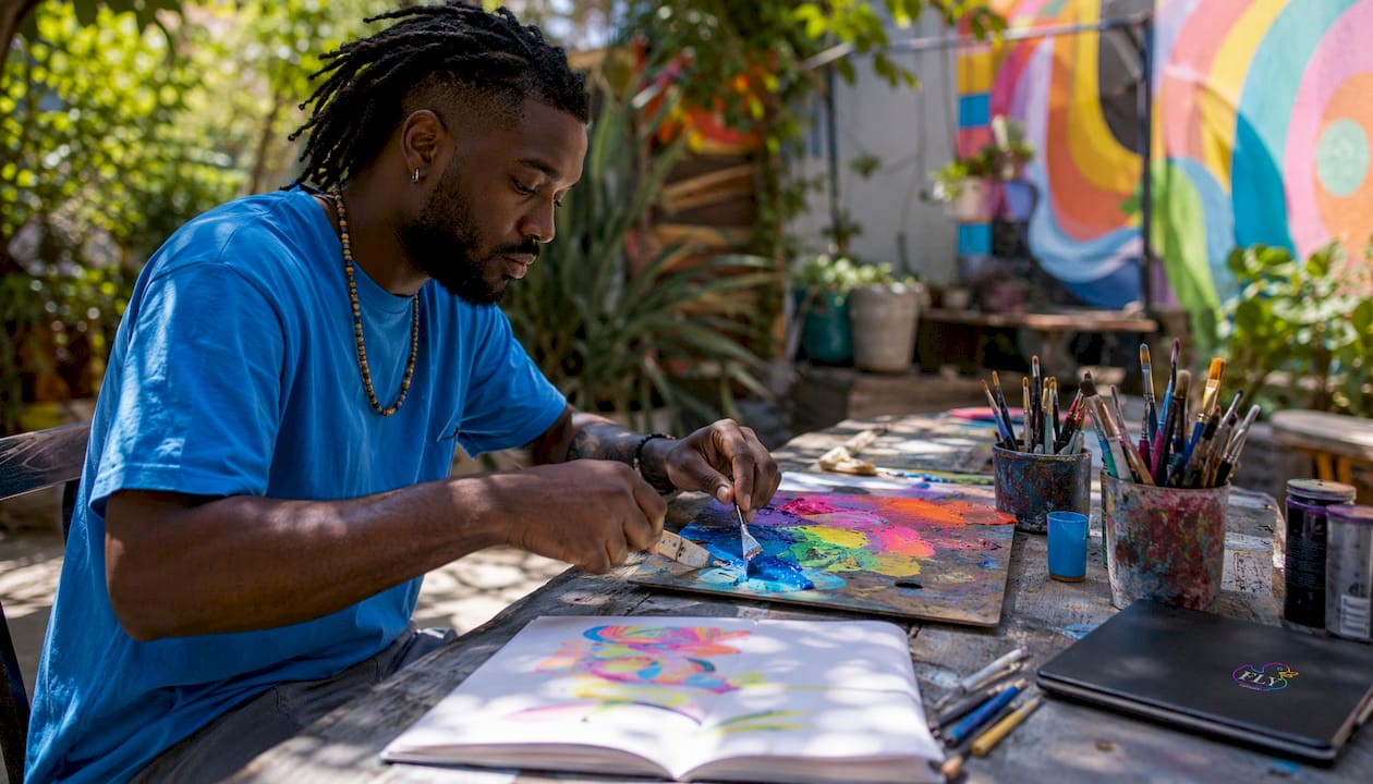 Artist mixing UV rainbow paints close-up
