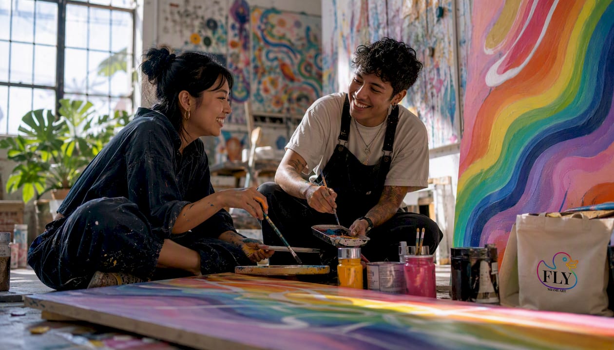 Diverse group discussing Pride art colors