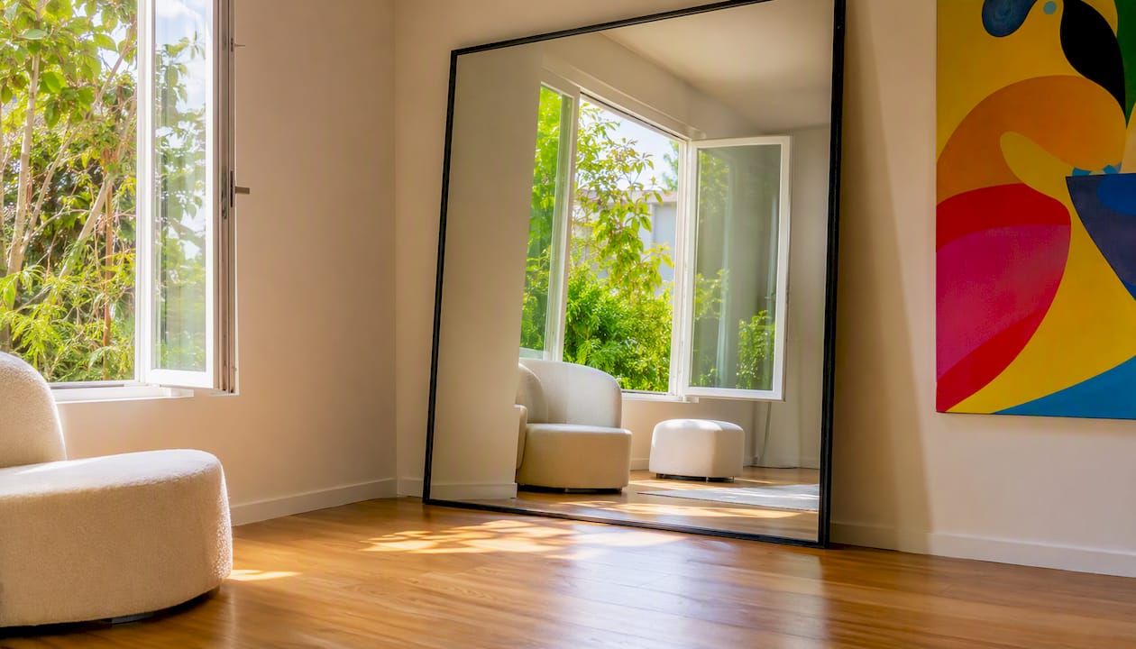 Wall mirror reflecting light from window