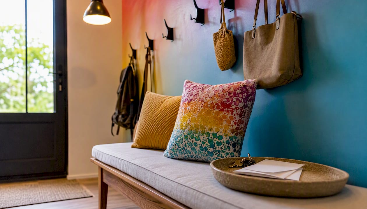 Decorated entryway with bench, hooks, and tray