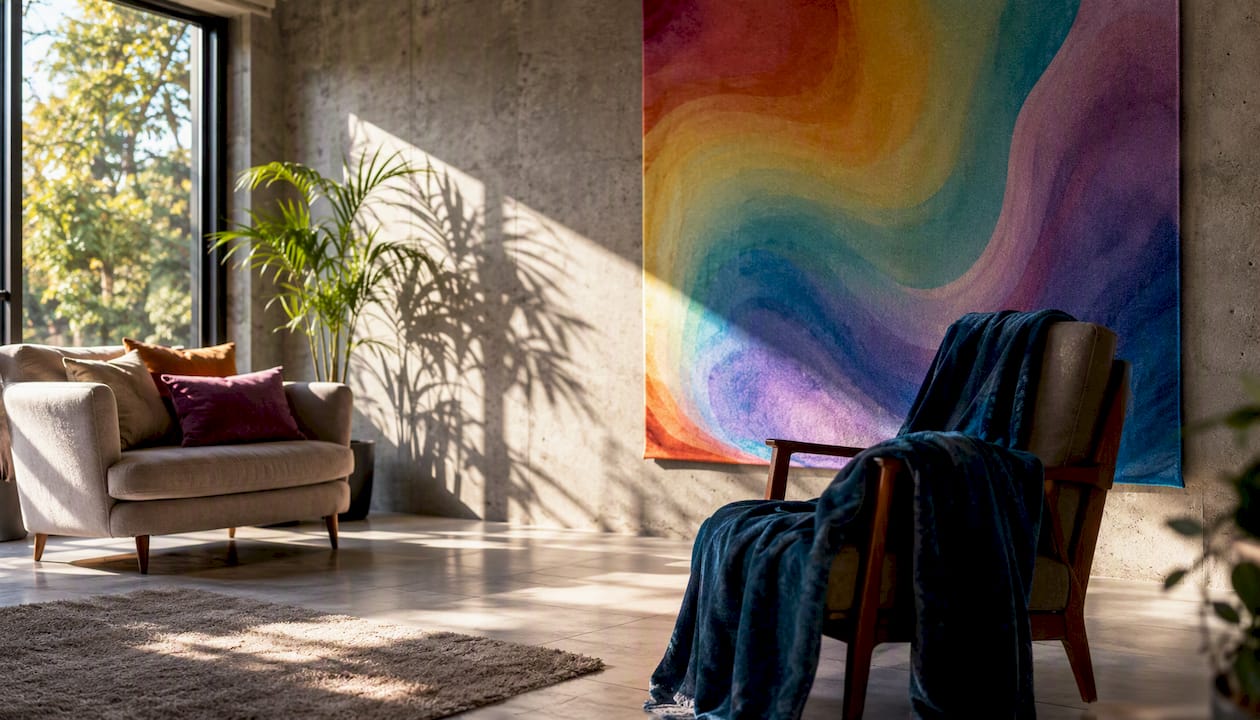 Room with rug, curtains, and upholstered sofa