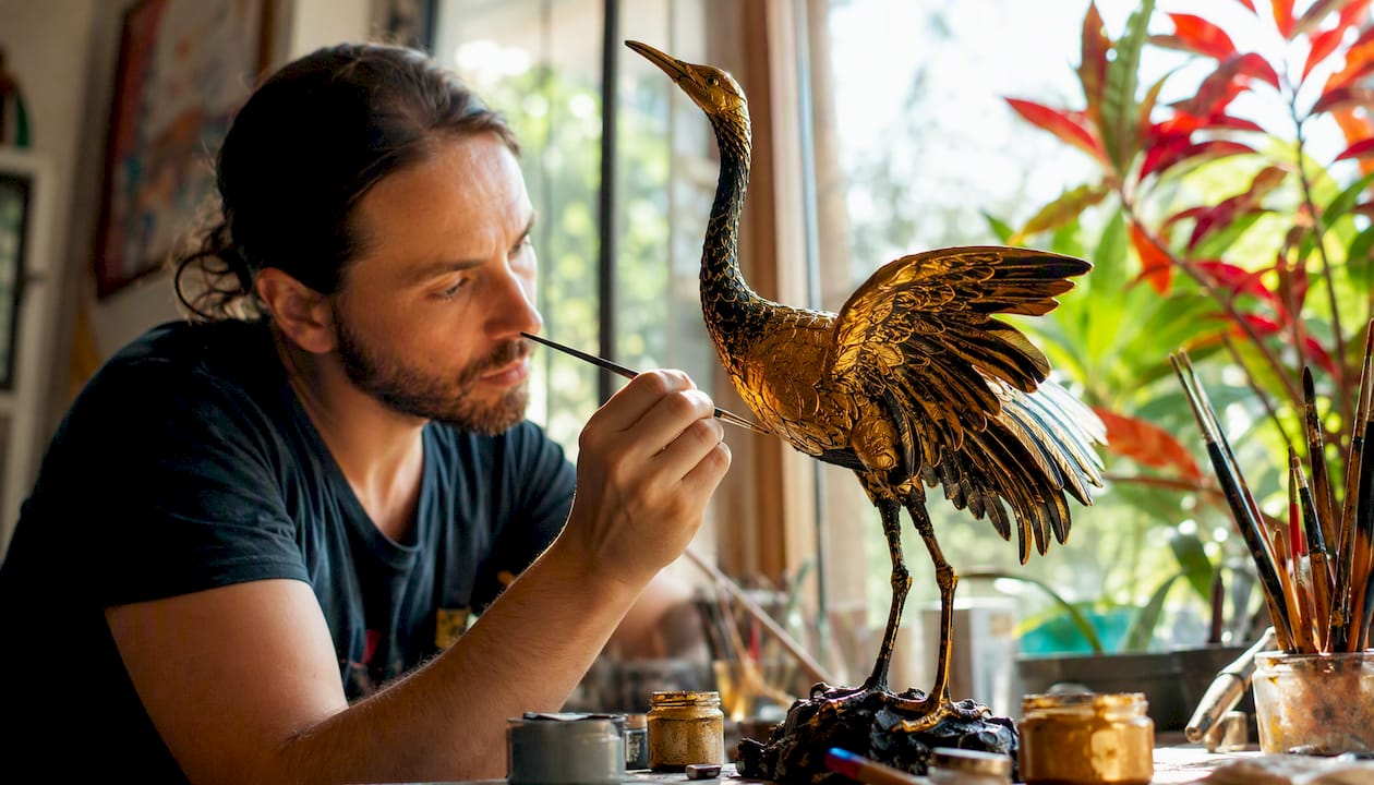 Hands painting UV-reactive gold on sculpture