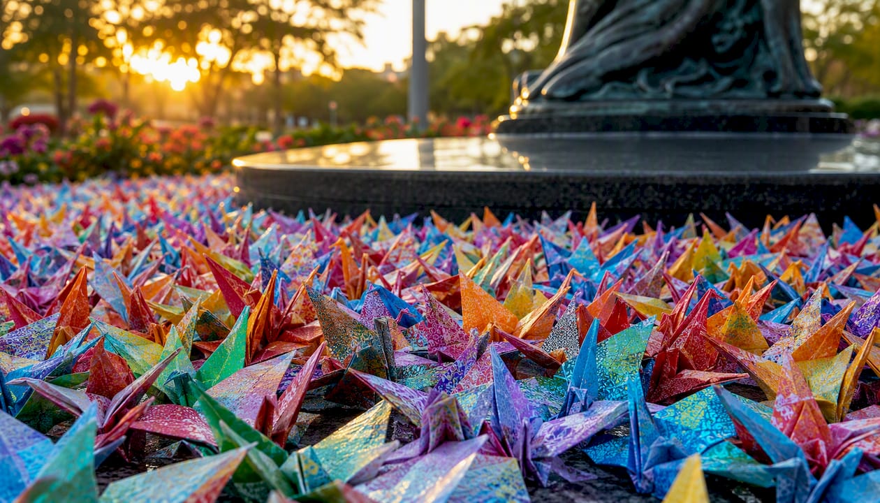 Origami paper cranes at a peace memorial