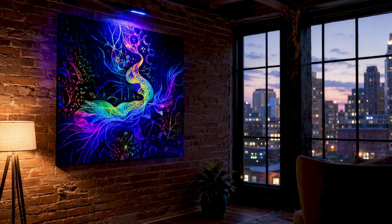 Limited edition Pride art glowing under blacklight