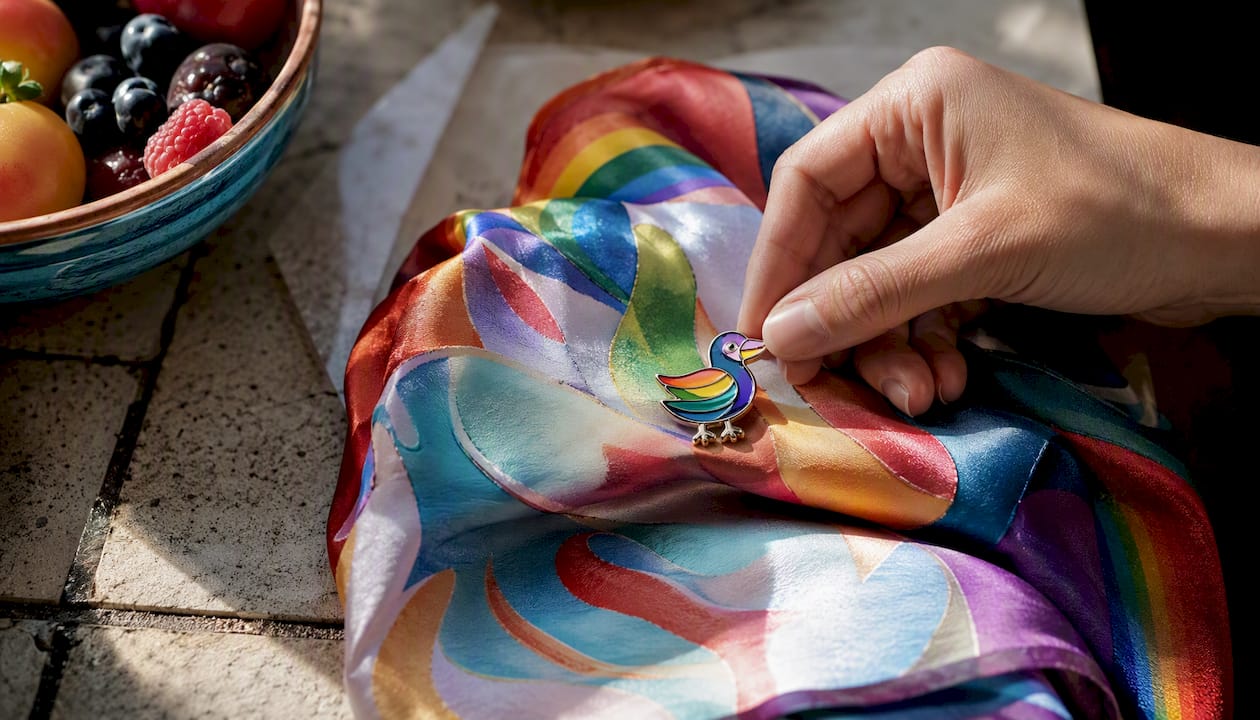 Hand placing enamel pin on silk scarf