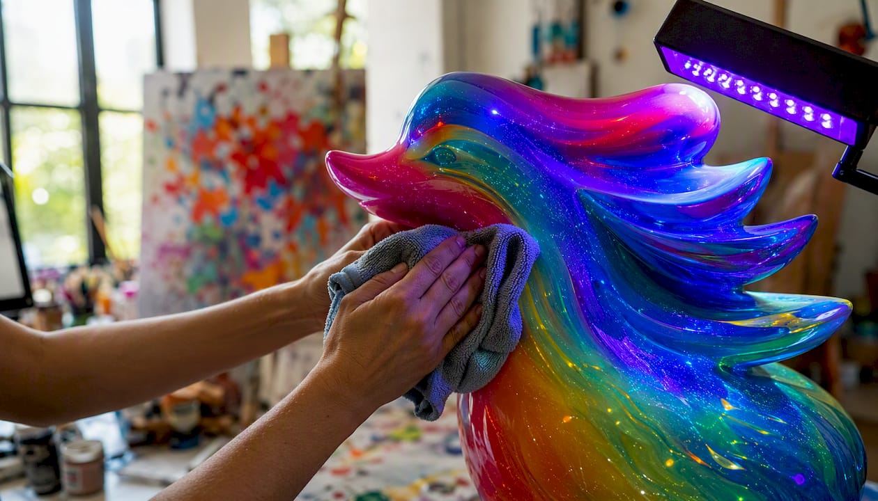 Hands cleaning UV-reactive Pride art sculpture
