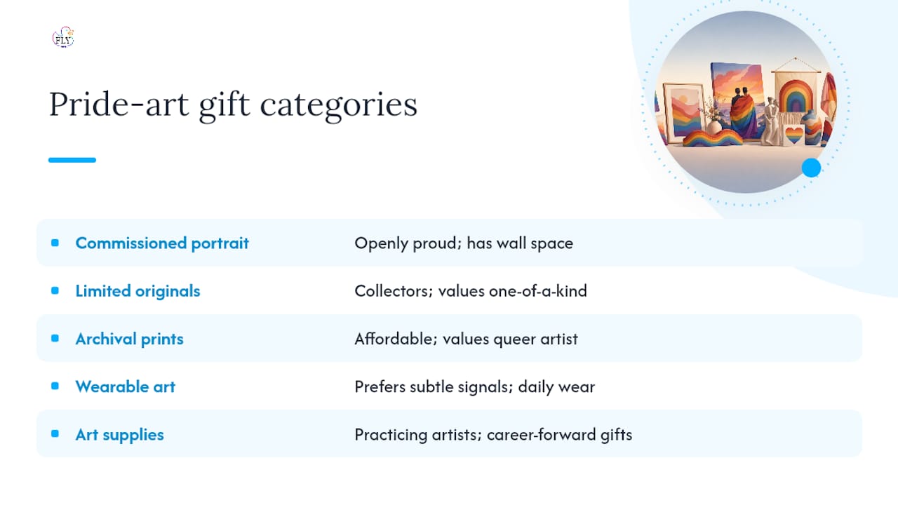 Diagram of Pride art gift categories matched to recipients