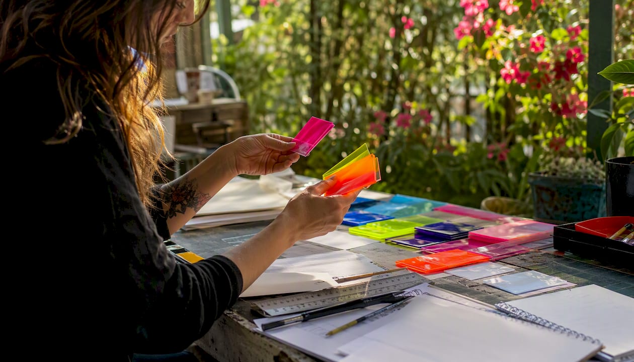 Artist selecting UV-reactive material swatches