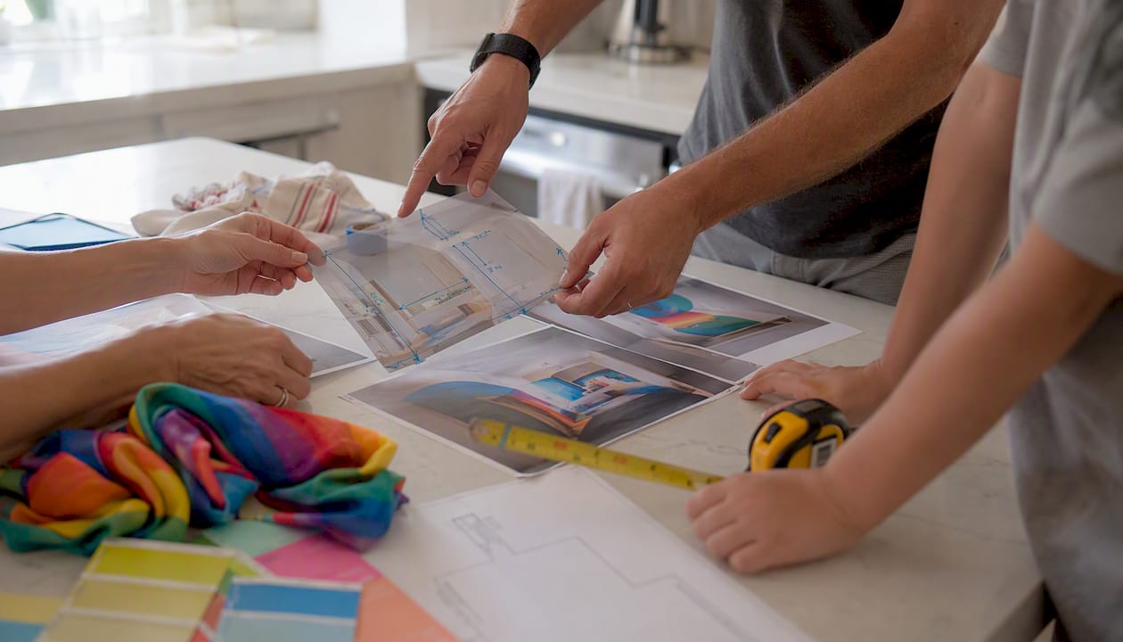 Family hands reviewing art measurement photos