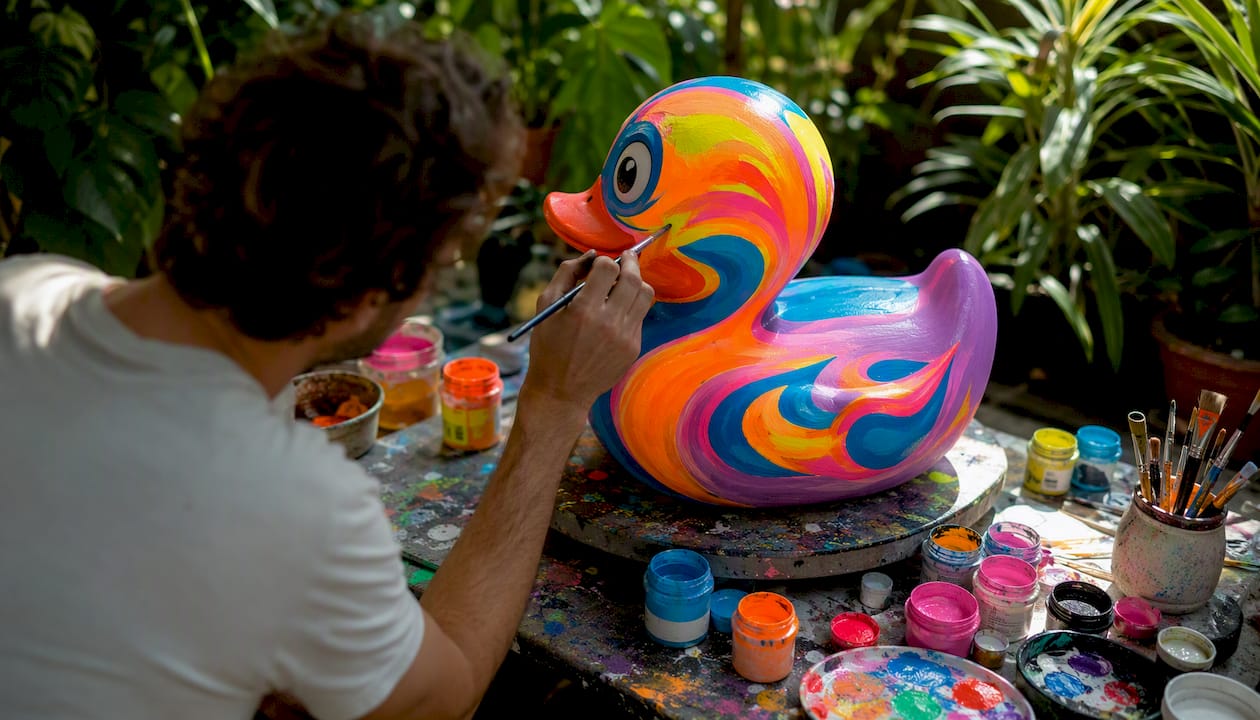 Artist hand painting UV-reactive sculpture detail