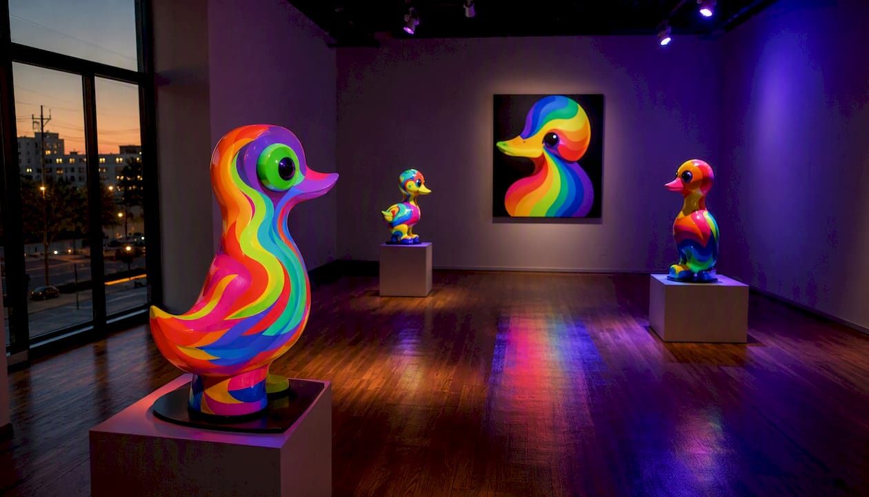 Immersive gallery installation with glowing UV-reactive pop art