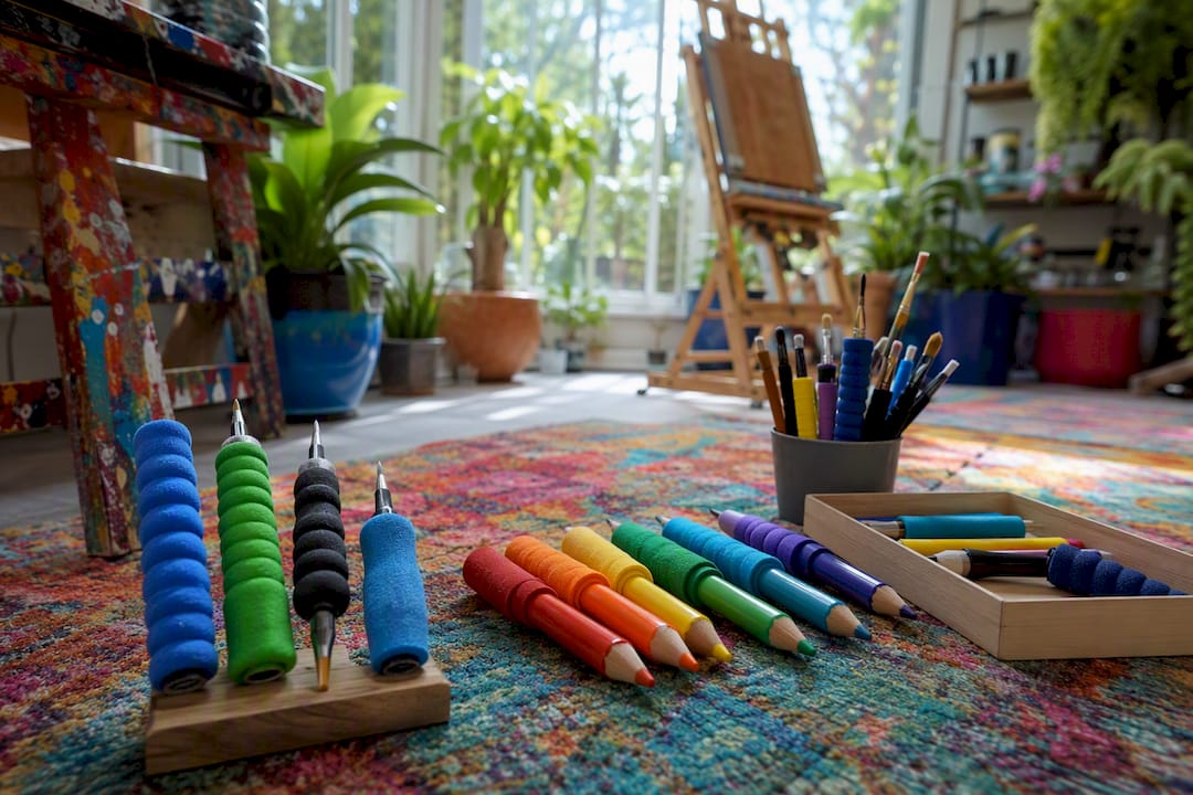 Adaptive art supplies on studio table