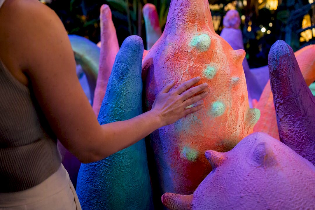 Close-up of hand touching cohesive art installation