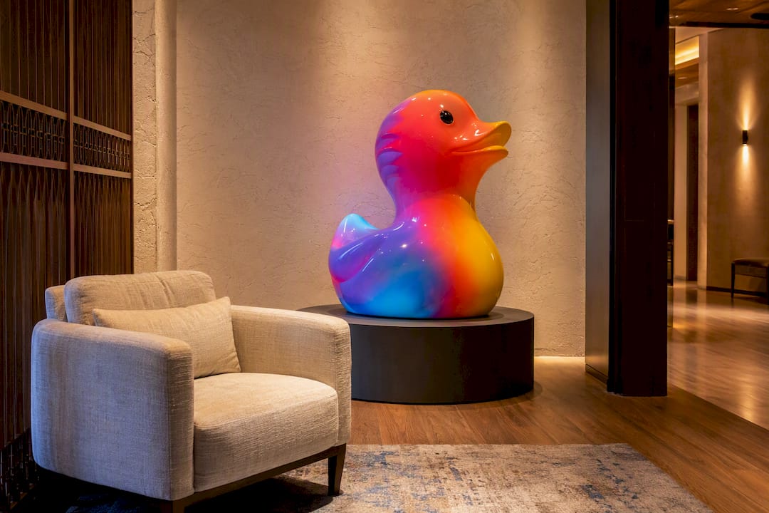 Glowing statement art piece in hotel lobby