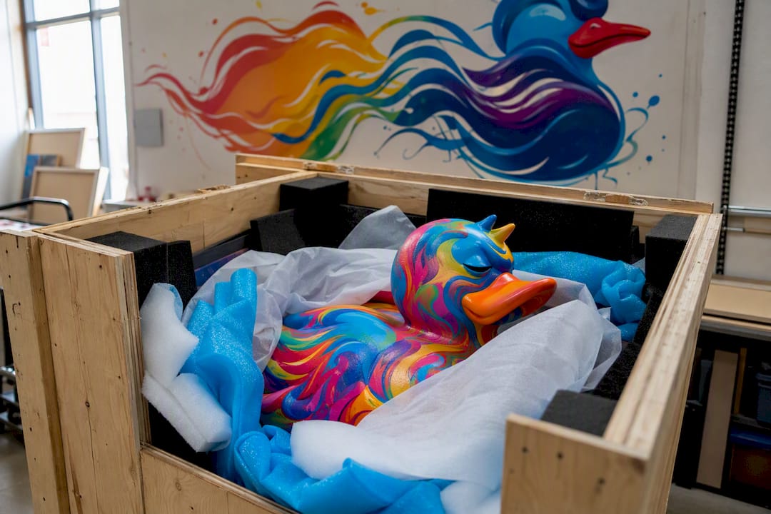 Packed UV-reactive art sculpture in crate