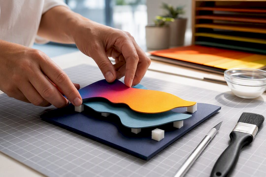 Hands assembling layered paper relief art
