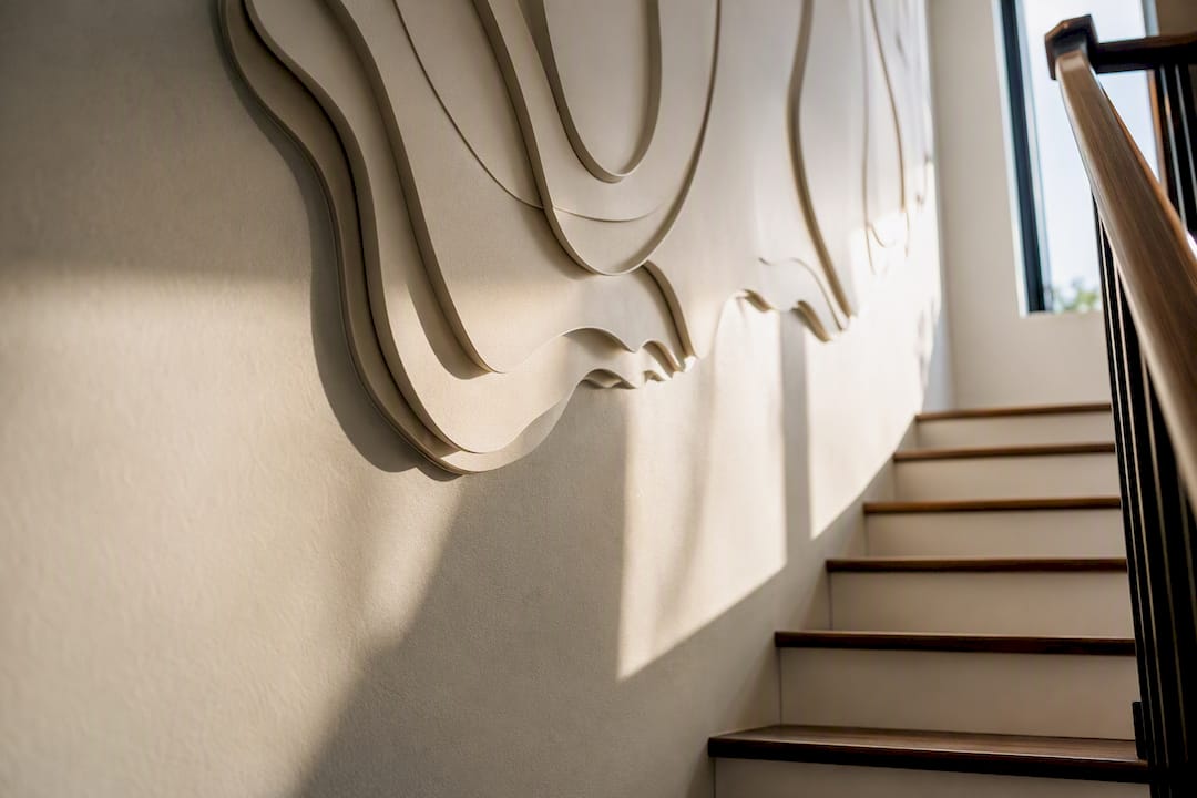 Dimensional relief casting shadows on stair wall