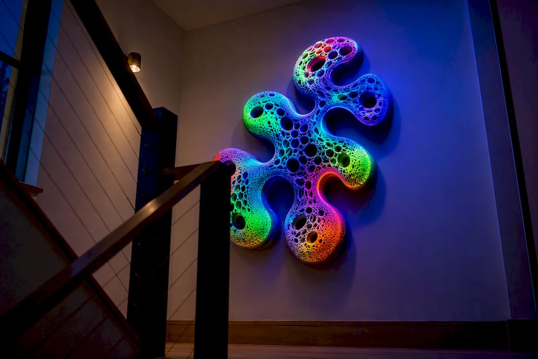 UV-reactive artwork glowing beside a stair landing