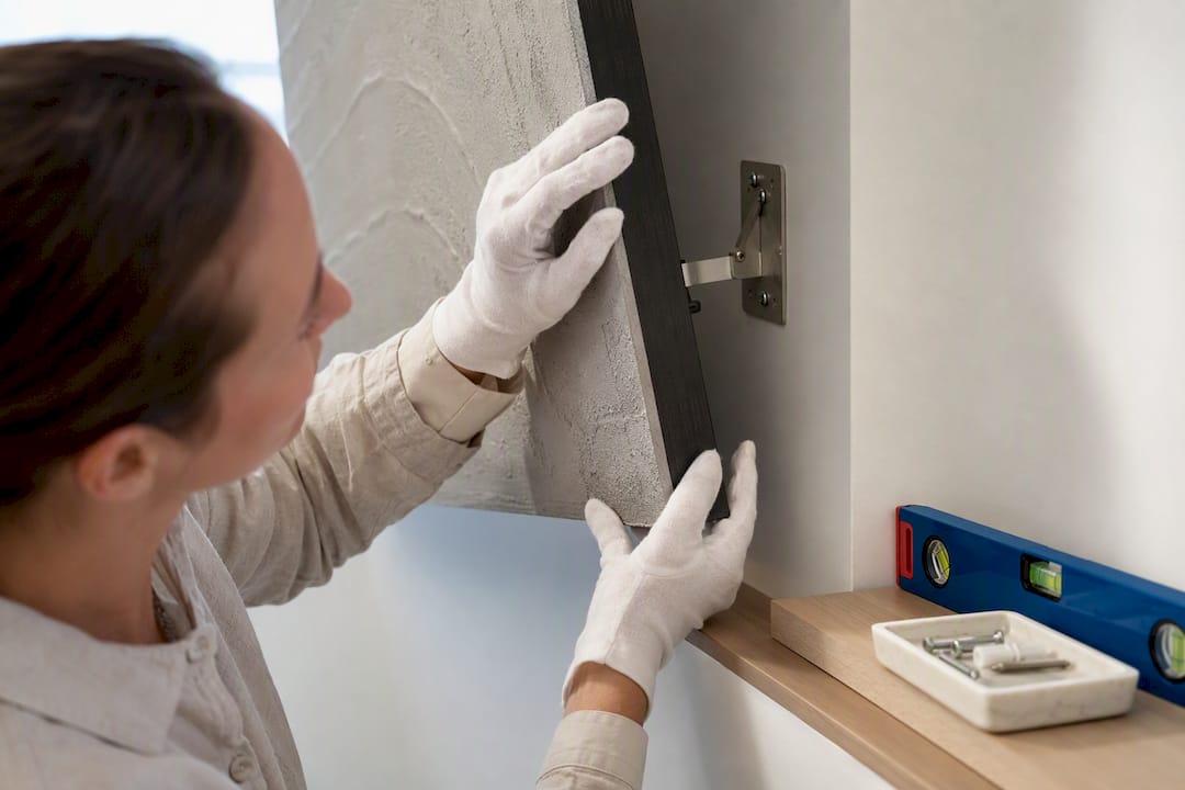 Checking wall anchor behind textured artwork