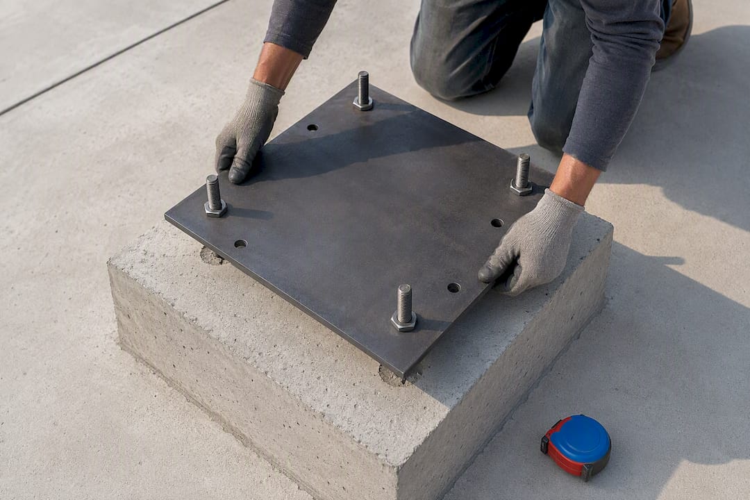 Steel anchor plate on concrete sculpture footing