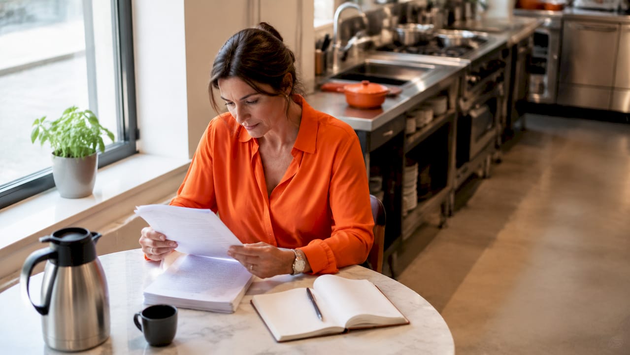 Een restauranteigenaar buigt zich aan zijn bureau over de AVG-documenten om alles netjes op orde te hebben.