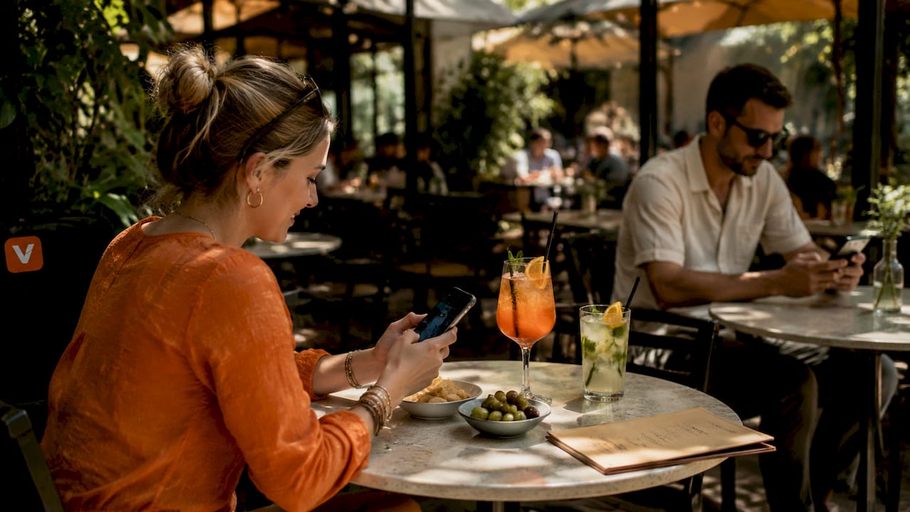 Op het terras bladeren gasten eenvoudig door de digitale menukaart.