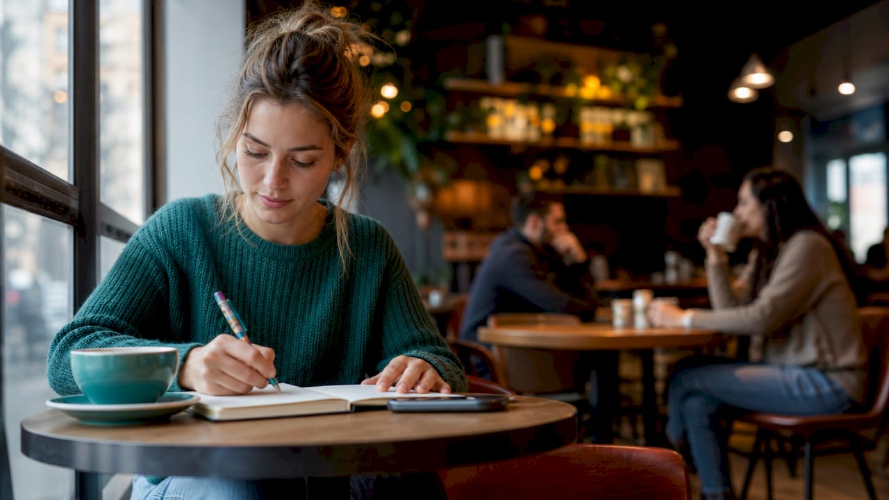 Een vrouw kijkt haar uitgaven na terwijl ze aan de keukentafel zit.