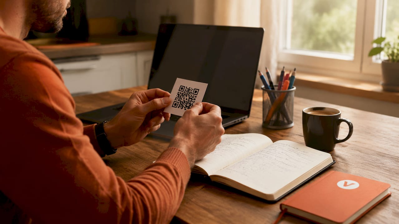 Een paar handen houdt een papieren QR-code vast aan een bureau in een typische kantooromgeving.