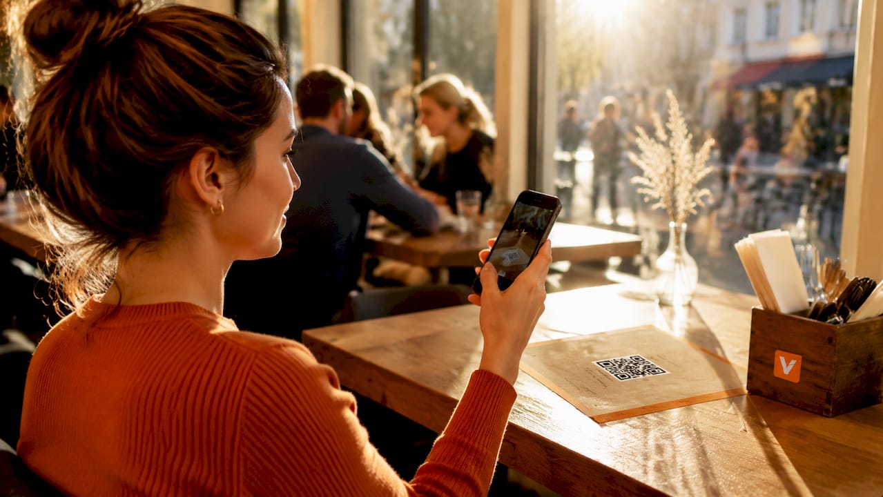 Een restaurantgast scant de QR-code die op het tafelaccessoire staat.