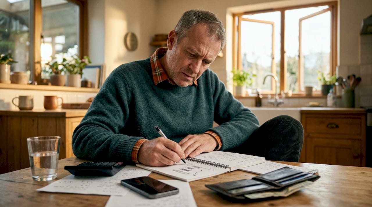 Iemand kijkt thuis zijn of haar uitgaven en inkomsten na