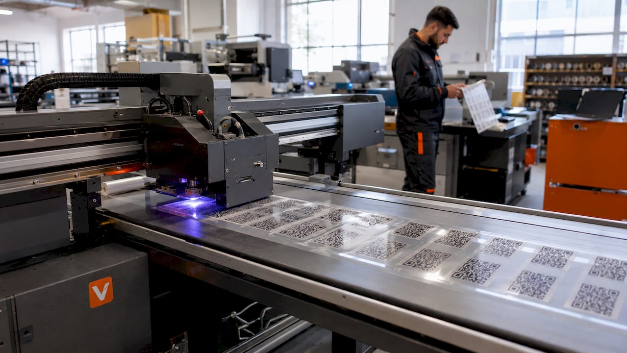 Detailopname van het printen van unieke QR-labels met een UV-laser