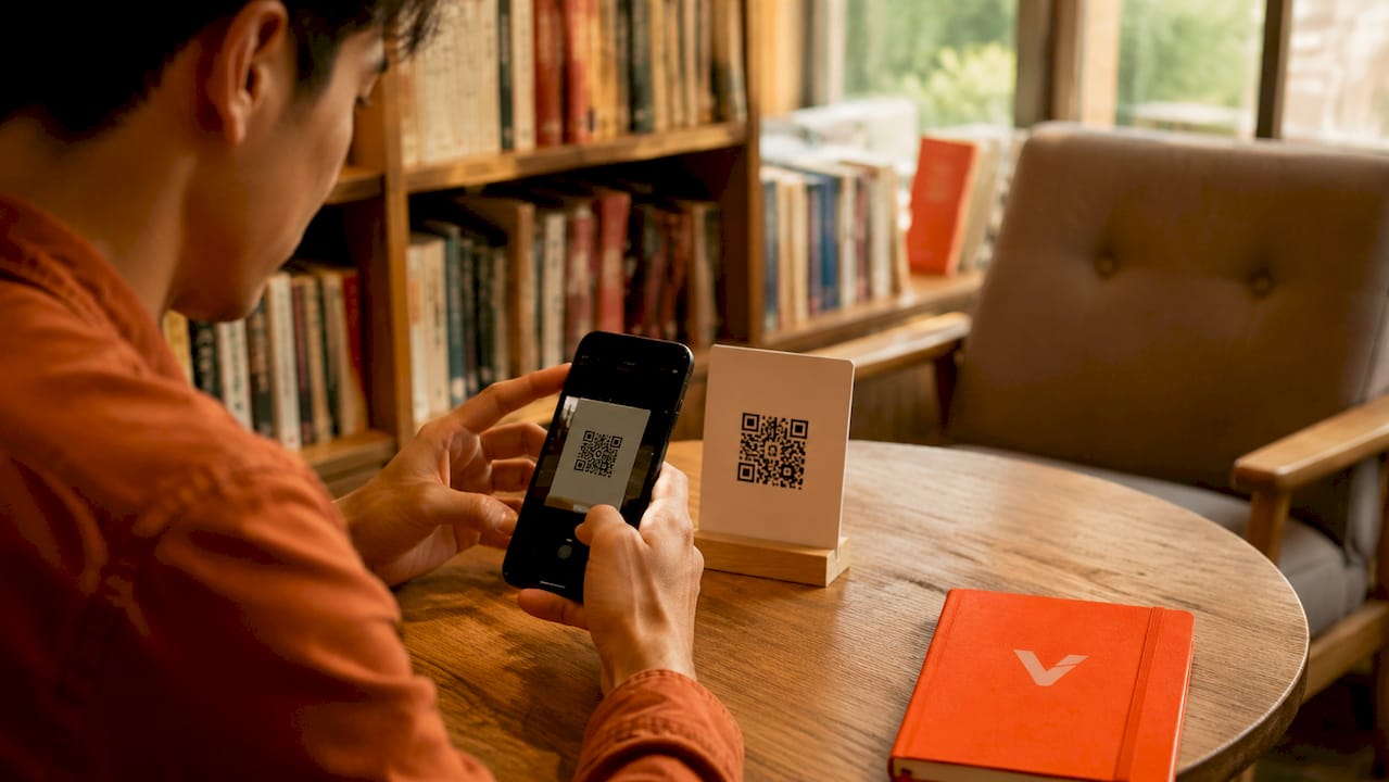 Mensen scannen met hun smartphone de QR-code die op het tafelblad staat.