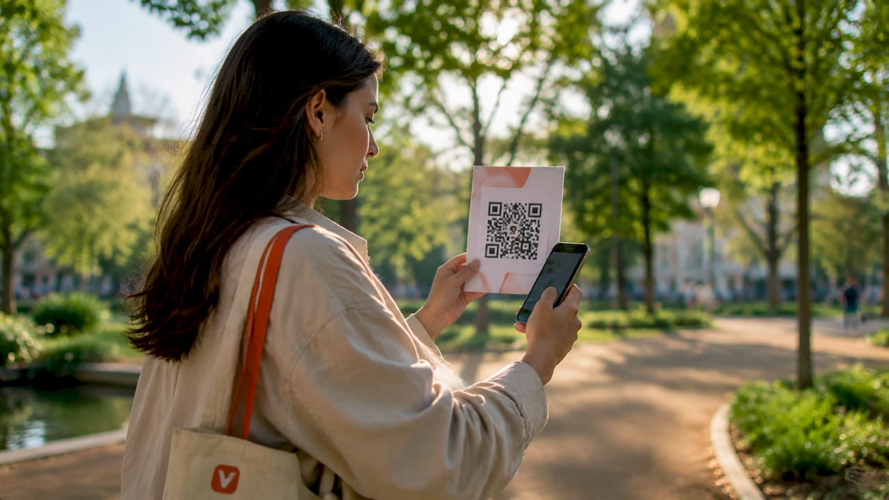 People hold a flyer with a QR code outdoors