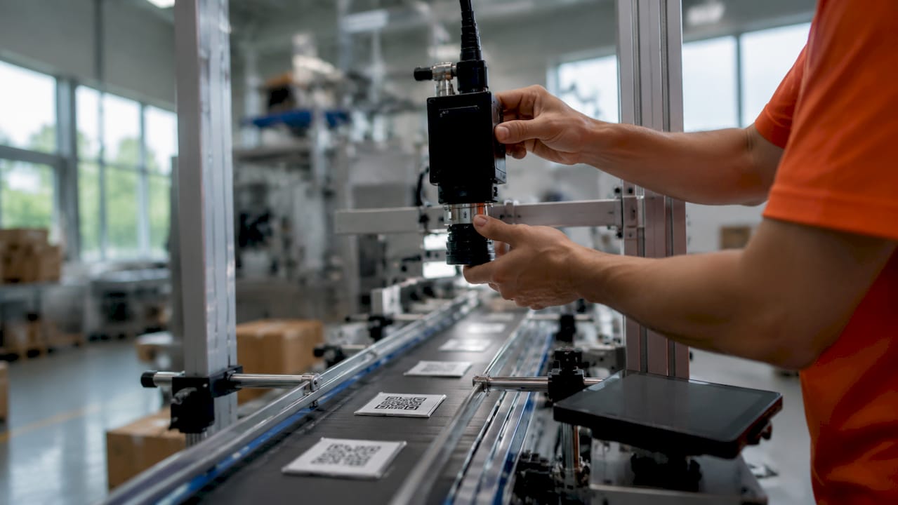 Handen stellen een geautomatiseerd apparaat voor QR-code inspectie in.