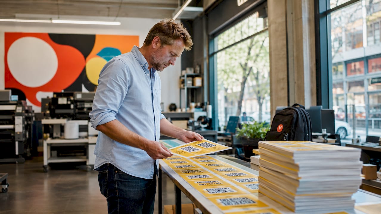 Man controleert geprinte QR-codes in een drukkerij