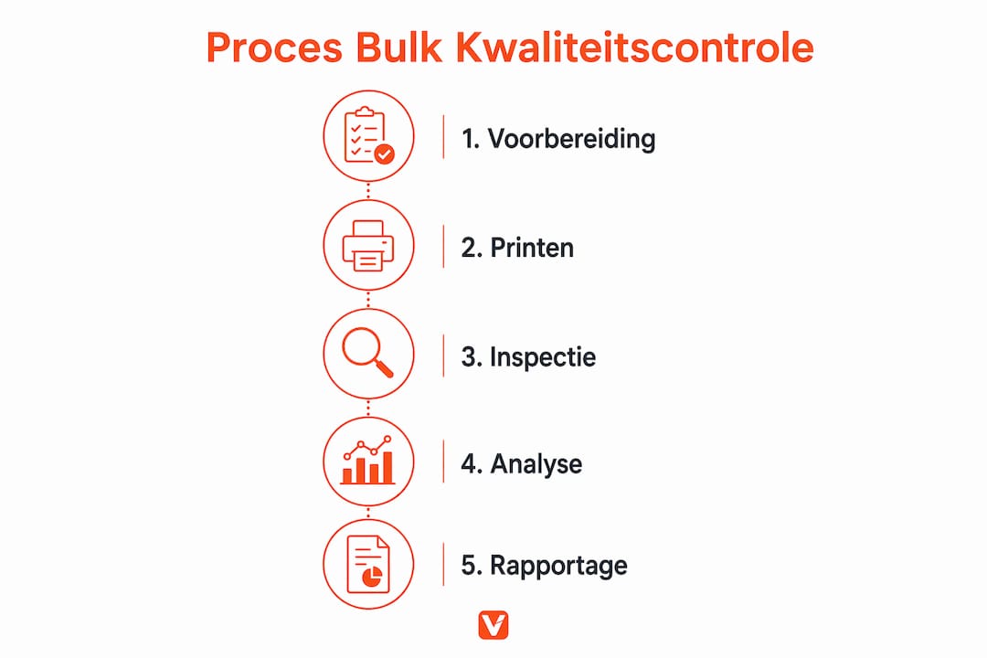 Infographic die het proces van kwaliteitscontrole bij het genereren van grote aantallen QR-codes inzichtelijk maakt