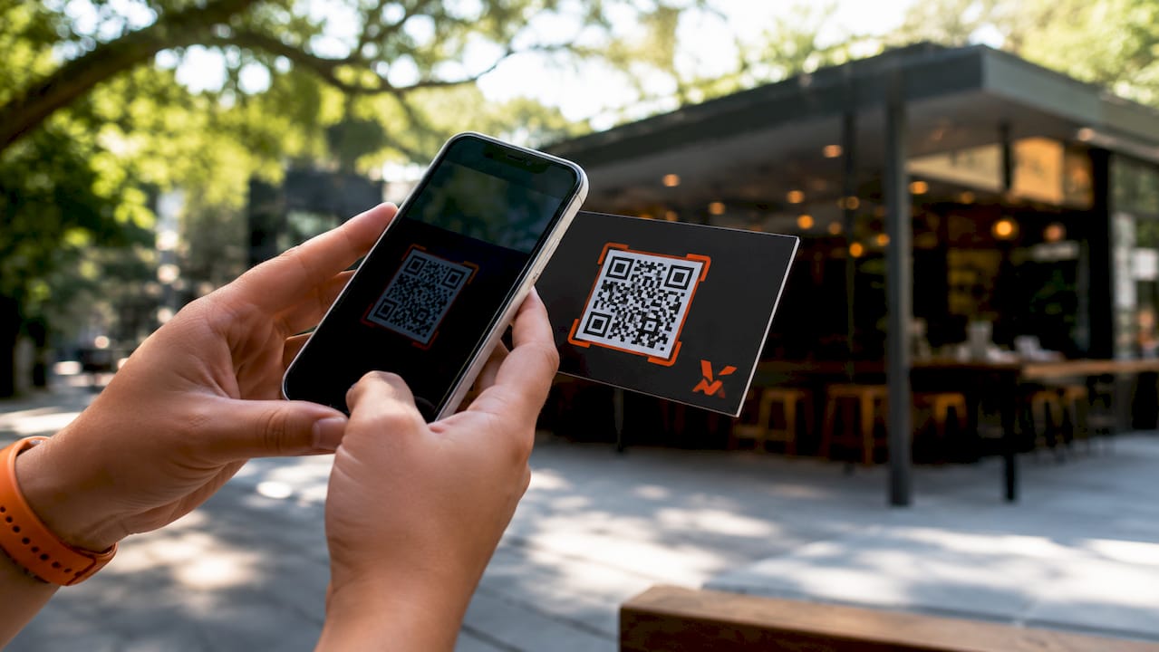 Someone scanning a QR code on a flyer with their smartphone.